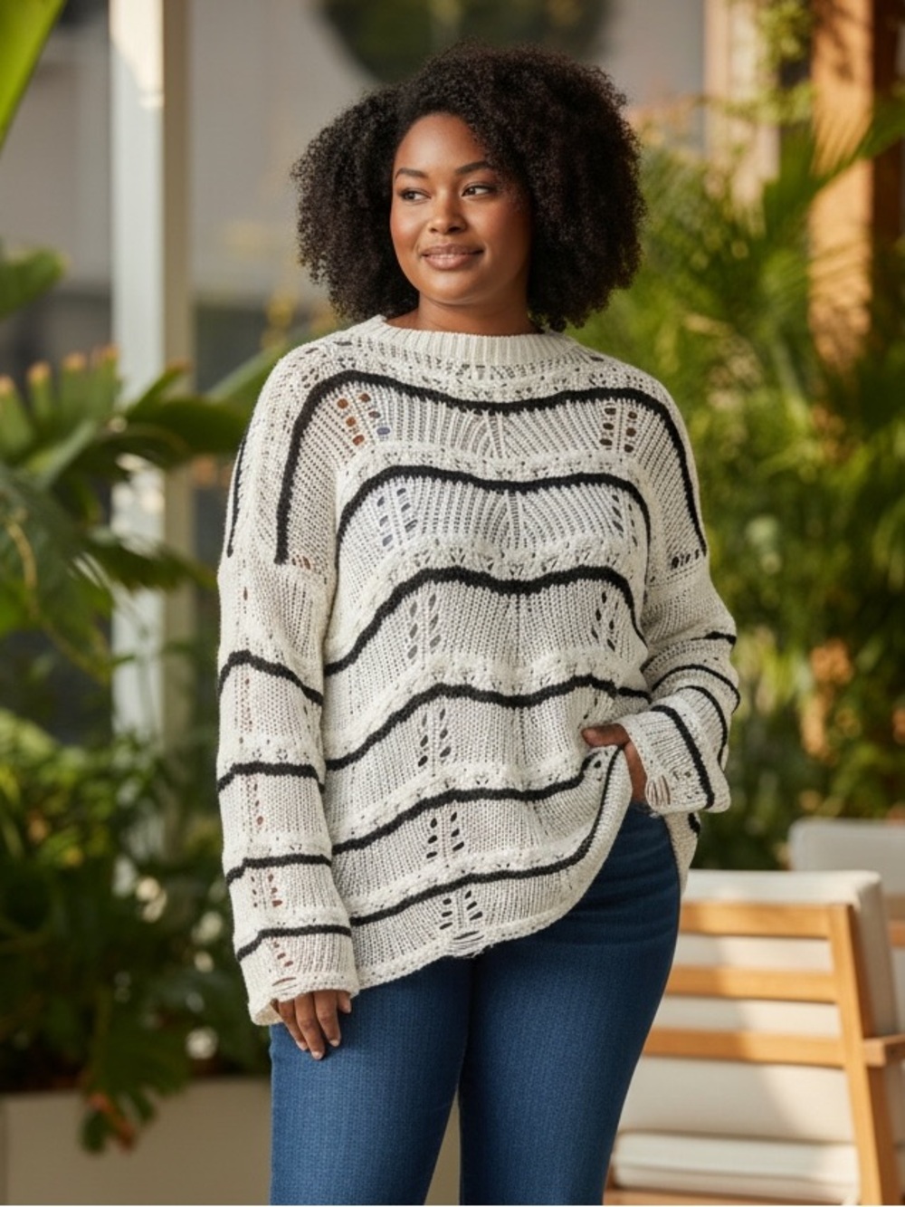 Lane Bryant Open-Knit Striped Crewneck Sweater - White & Black 14/16
